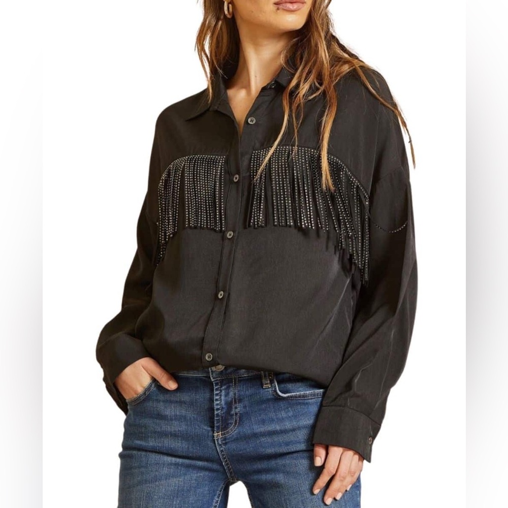 NWT- Savanna Jane Black Button Down Shirt with Fringe